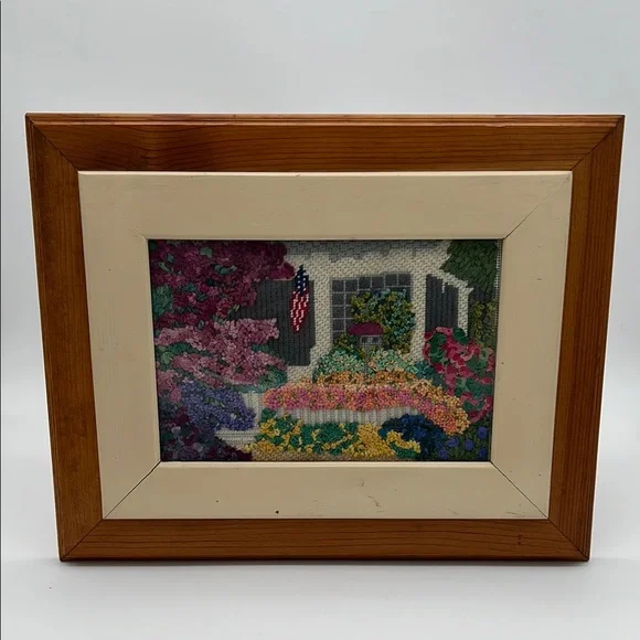 Signed Framed Crewel & Crossstitch Cottage/Garden Scene w/ American Flag - 15x12 - Picture 1 of 9
